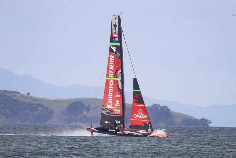 Emirates Team New Zealand starts into the big splash down - windward wing is clear bow down angle is not as bad a AC50's and she comes out of it quite easly if spectacularly- Waitemata Harbour - September 22 photo copyright Richard Gladwell taken at Royal New Zealand Yacht Squadron and featuring the AC75 class