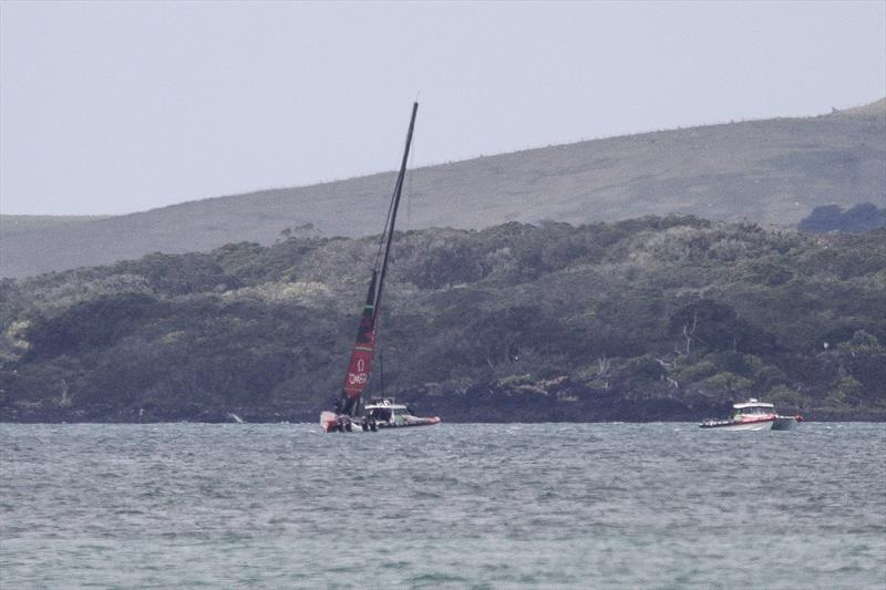 Emirates Team New Zealand setting up off Rangitoto with a very short hoist jib - Waitemata Harbour - September 22 photo copyright Richard Gladwell taken at Royal New Zealand Yacht Squadron and featuring the AC75 class