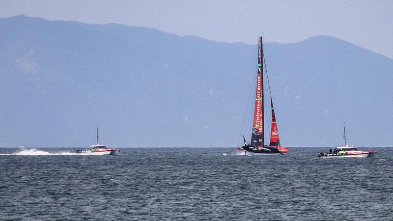 Emirates Team New Zealand makes another run off Rothesay Bay at speed with better yaw control wind conditions probably 18-25kts offshore - with flat water- Waitemata Harbour - September 22 - photo © Richard Gladwell