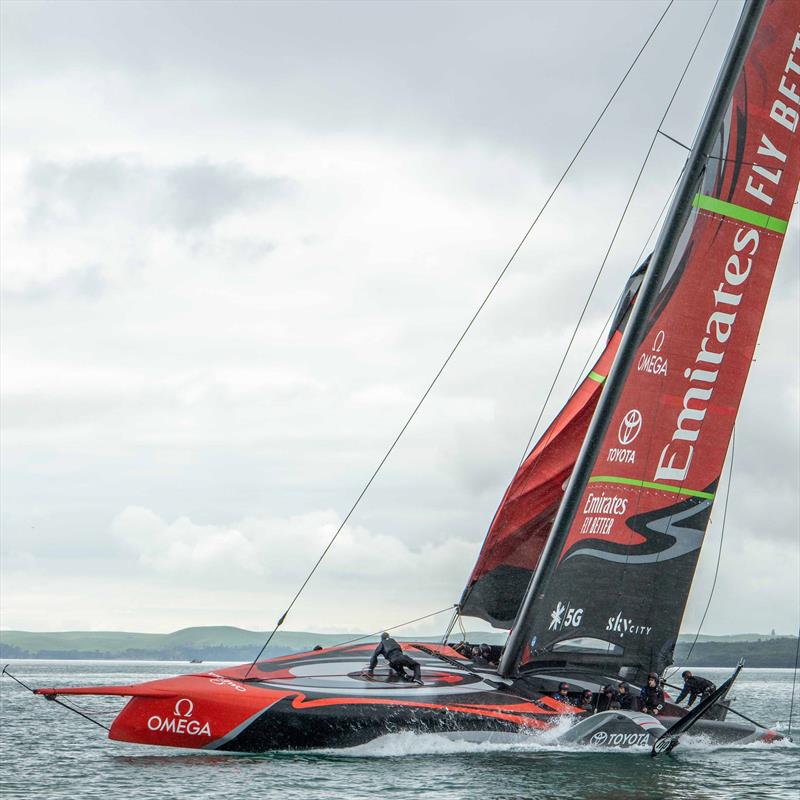 Te Aihe reels after an issue with the tack of the AC75's Code Zero which blew up a few minutes after the first sail with the big extra. - photo © Emirates Team New Zealand