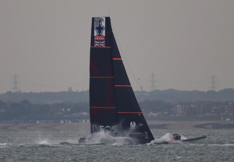 INEOS Team UK hits a car ferry wake while test sailing in the Solent - October 2019 photo copyright John Green taken at Gurnard Sailing Club and featuring the AC75 class