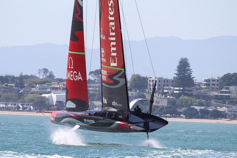 Te Aihe - Emirates Team New Zealand heels to leeward lifting her wing clear of the water during a bear away- Waitemata Harbour - November 4, 2019 photo copyright Richard Gladwell / Sail-World.com taken at Royal New Zealand Yacht Squadron and featuring the AC75 class