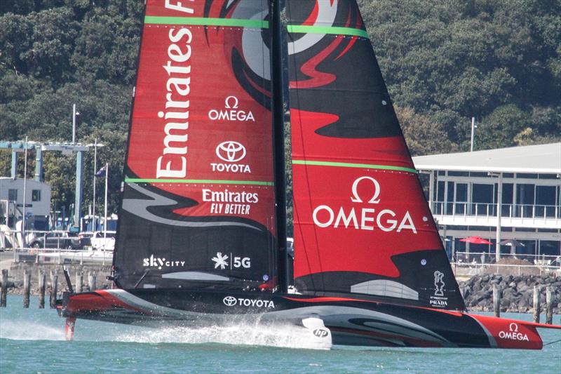 Emirates Team NZ's first AC75 Te Aihe doing warm-up laps on the Waitemata ahead of a seven hour training session - November 4, 2019 photo copyright Richard Gladwell / Sail-World.com taken at Royal New Zealand Yacht Squadron and featuring the AC75 class