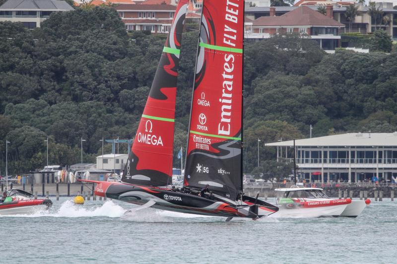 Emirates Team New Zealand gets amongst the 49ers ahead of the 2019 Hyundai World Championship - Waitemata Harbour - November 19, 2019 photo copyright Richard Gladwell / Sail-World.com taken at Royal New Zealand Yacht Squadron and featuring the AC75 class