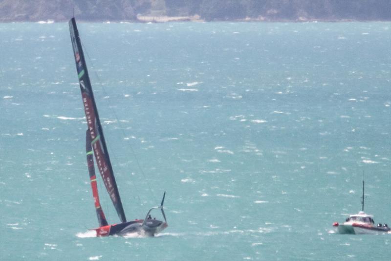 Te Aihe not foiling, but with eased sheets in the 20-25kt SW breeze, Emirates Team New Zealand - Waitemata Harbour - November 22, 2019 photo copyright Richard Gladwell / Sail-World.com taken at Royal New Zealand Yacht Squadron and featuring the AC75 class