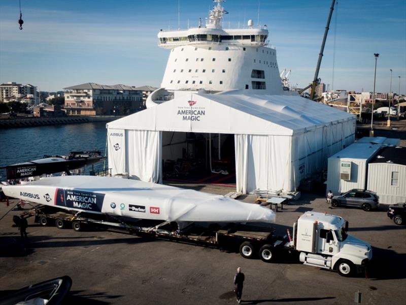 DEFIANT arrives at the Port of Pensacola after a journey from Rhode Island of over 1,300 miles photo copyright American Magic / Dylan Clarke taken at  and featuring the AC75 class