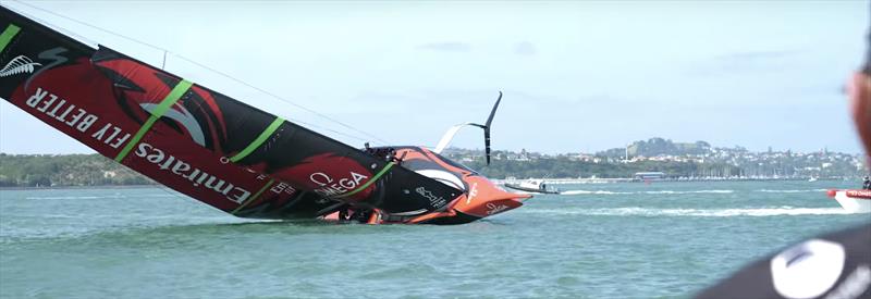 Tow rope is attached and the righting process begins - Emirates Team New Zealand AC75, Te Aihe, capsize - December 19, 2019 photo copyright Emirates Team New Zealand taken at Royal New Zealand Yacht Squadron and featuring the AC75 class