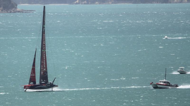 Emirates Team New Zealand returns home from The Paddock sailing in 25kt winds photo copyright Richard Gladwell / Sail-World.com taken at Royal New Zealand Yacht Squadron and featuring the AC75 class