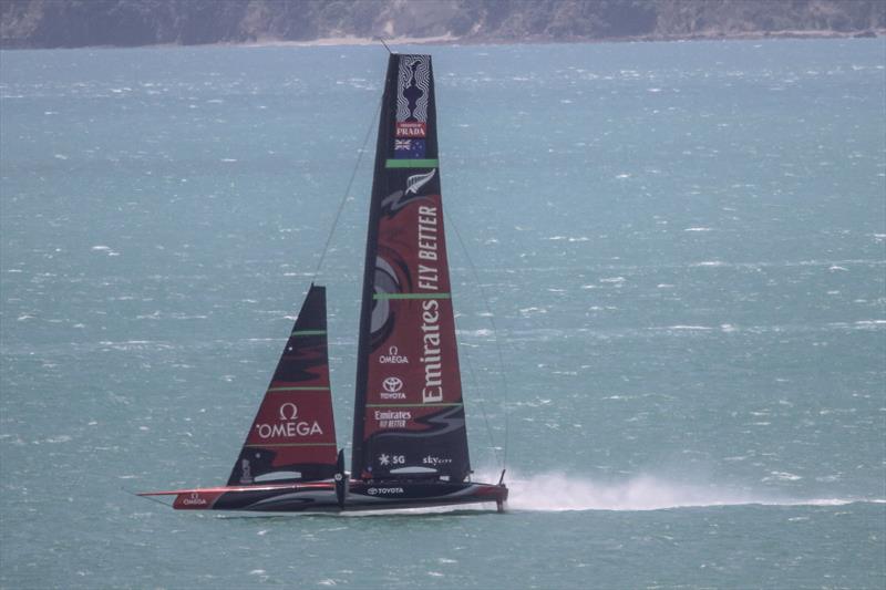 Emirates Team New Zealand returns home from The Paddock sailing in 25kt winds photo copyright Richard Gladwell / Sail-World.com taken at Royal New Zealand Yacht Squadron and featuring the AC75 class
