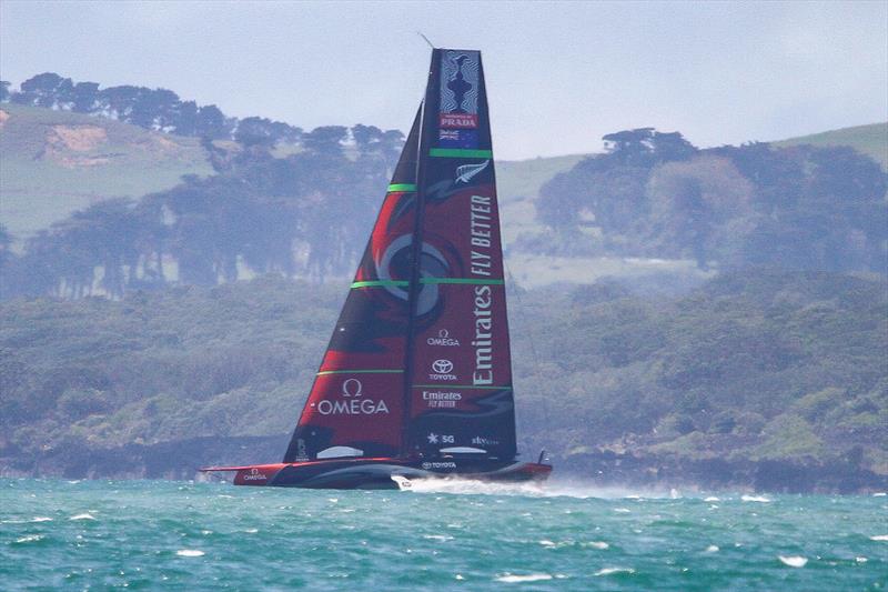 Emirates Team New Zealand heads out into the Hauraki Gulf sailing in fresh seabreeze photo copyright Richard Gladwell / Sail-World.com taken at Royal New Zealand Yacht Squadron and featuring the AC75 class