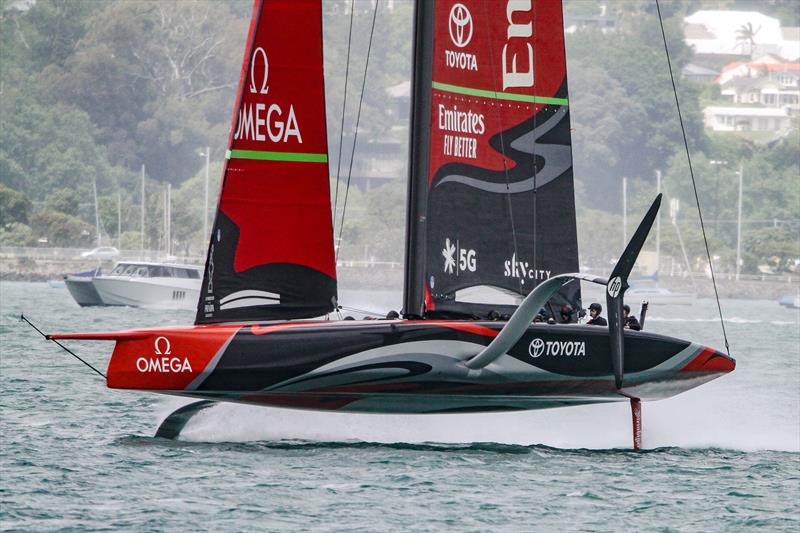 Te Aihe in a higher flight mode - again the degree of immersion of the rudder wing foil can be deduced by comparing the 'Steinlager' writing with the water level and referencing that back to the launch photo at the top of this story photo copyright Richard Gladwell / Sail-World.com taken at Royal New Zealand Yacht Squadron and featuring the AC75 class