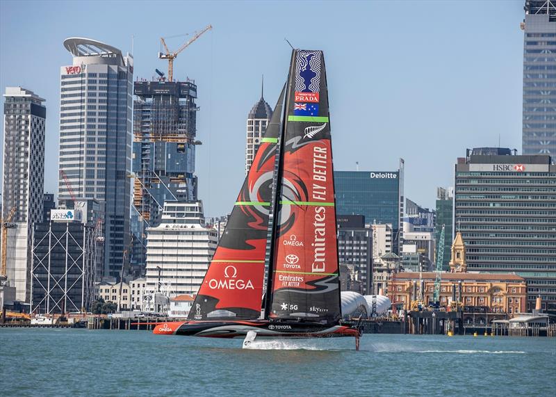 Te Aihe, Emirates Team New Zealand's first AC75 sailing in down town Auckland photo copyright Emirates Team New Zealand taken at Royal New Zealand Yacht Squadron and featuring the AC75 class