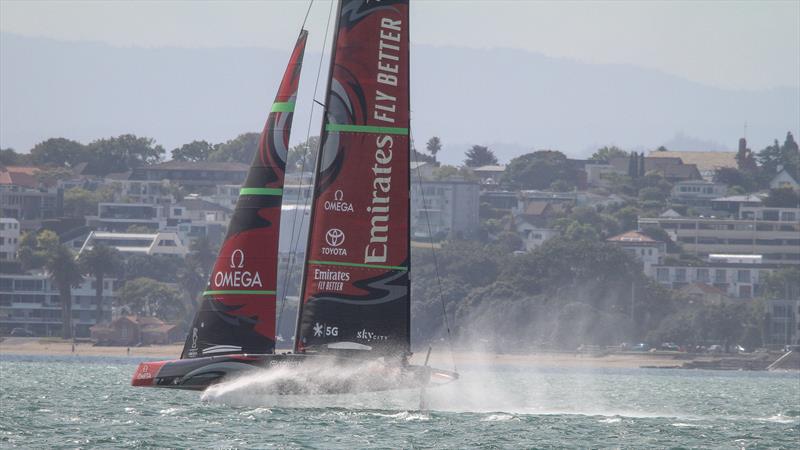 Emirates Team New Zealand's AC75 sailing past Mission Bay, at the entrance to the inner Waitemata Harbour - January 10, 2019 - photo © Richard Gladwell / Sail-World.com