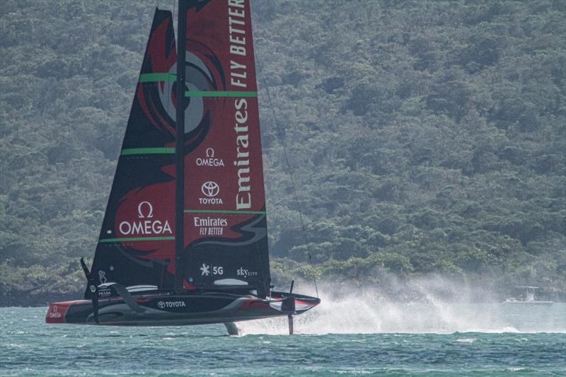 Emirates Team New Zealand's AC75 heads out for a four hour training session on the Hauraki Gulf in 18-27kt winds  - January 10, 2019 - photo © Richard Gladwell / Sail-World.com
