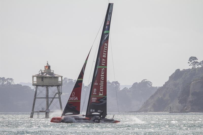 Emirates Team New Zealand's AC75 exits and untidy gybe sailing past Bean Rock at the entrance to the inner Waitemata Harbour - January 10, 2019 - photo © Richard Gladwell / Sail-World.com