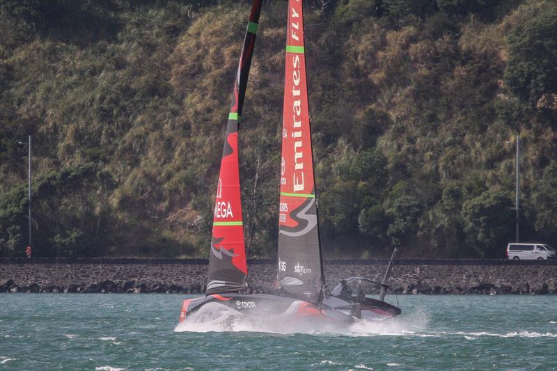 Emirates Team New Zealand's AC75 gets foil borne  at the entrance to the inner Waitemata Harbour - January 10, 2020 - photo © Richard Gladwell / Sail-World.com