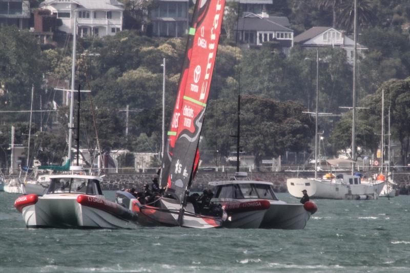 Emirates Team New Zealand's AC75 locked into the chase boats as they setup for a training session  - January 10, 2019 - photo © Richard Gladwell / Sail-World.com