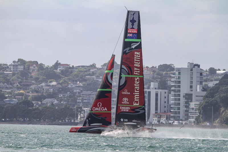 Emirates Team New Zealand's AC75 sailing at the entrance to the inner Waitemata Harbour - January 10, 2019 - photo © Richard Gladwell / Sail-World.com