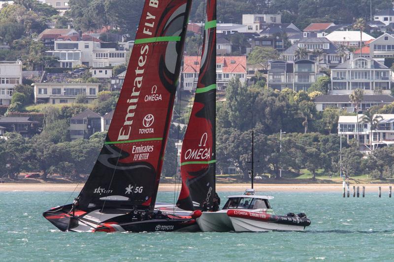 Emirates Team New Zealand's AC75 in the final stages of setting up at the entrance to the inner Waitemata Harbour - January 10, 2019 - photo © Richard Gladwell / Sail-World.com
