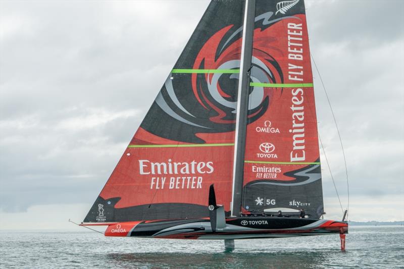Emirates Team New Zealand's AC75 'Te Aihe' foiling with her Code Zero foresail on the Waitemata Harbour in Auckland, New Zealand photo copyright Emirates Team New Zealand taken at Royal Yacht Squadron and featuring the AC75 class