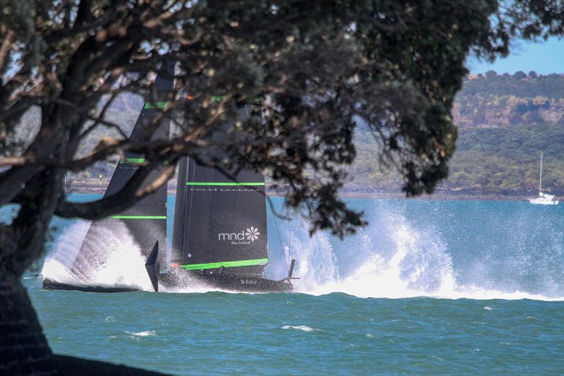 A splash down at the end of a cross-harbour run - Te Kahu - Emirates Team NZ's test boat - Waitemata Harbour - February 11, 2020 photo copyright Richard Gladwell / Sail-World.com taken at Royal New Zealand Yacht Squadron and featuring the AC75 class