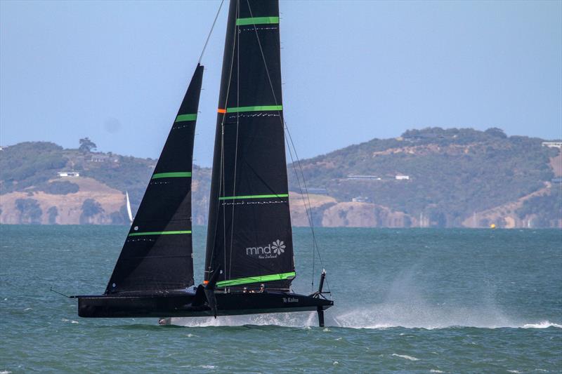 Spray flicks off the leeward foil - Te Kahu - Emirates Team NZ's test boat - Waitemata Harbour - February 11, 2020 - photo © Richard Gladwell / Sail-World.com