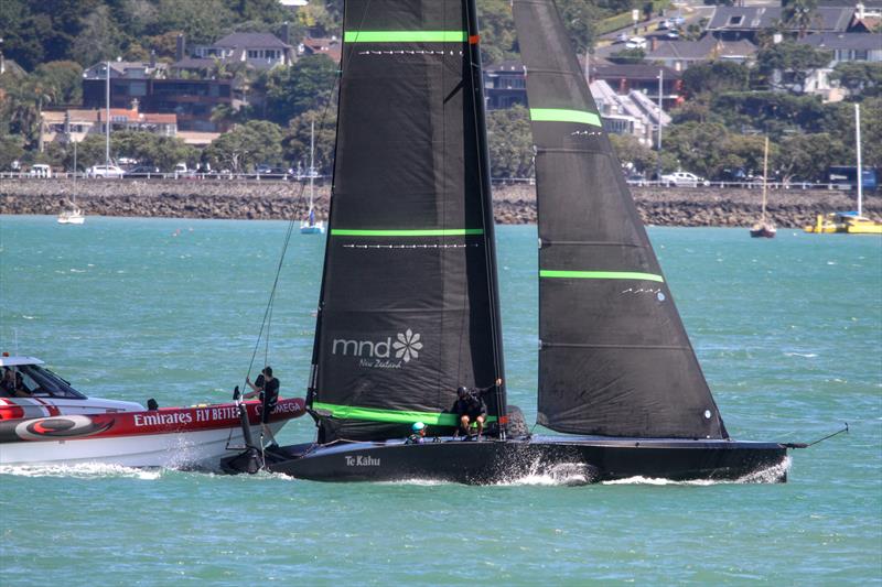 Design engineers transfer back to the tender - Te Kahu - Emirates Team NZ's test boat - Waitemata Harbour - February 11, 2020 - photo © Richard Gladwell / Sail-World.com