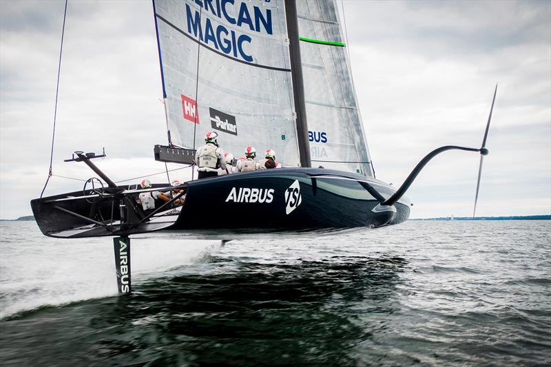  American Magic's America's Cup AC75 foils across Narragansett Bay near Newport, Rhode Island photo copyright Amory Ross taken at New York Yacht Club and featuring the AC75 class