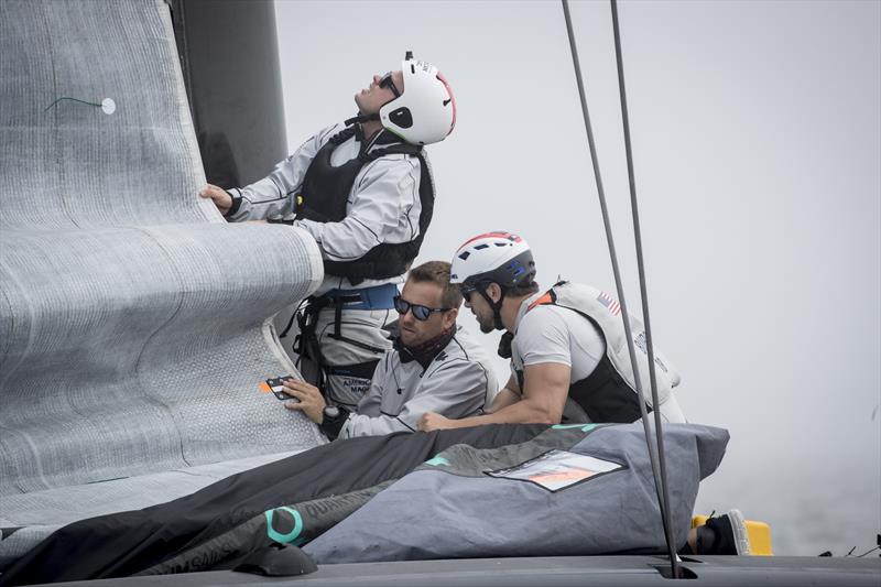 Lowering the mainsail - NYYC's AC75 Defiant - - January 2020 - Pensacola, Florida. - photo © Will Ricketson