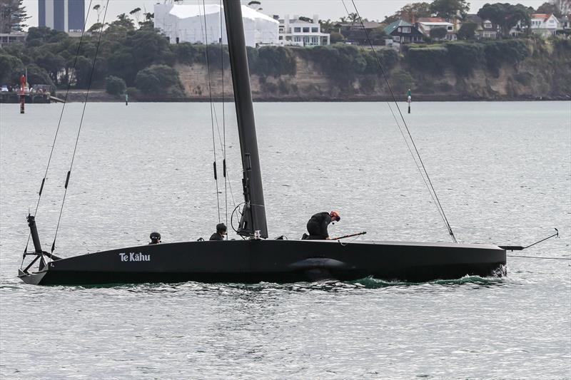 Emirates Team New Zealand crew set up test equipment ahead of towing tests. _Waitemata Harbour April 29, 2020 photo copyright Richard Gladwell / Sail-World.com taken at Royal New Zealand Yacht Squadron and featuring the AC75 class
