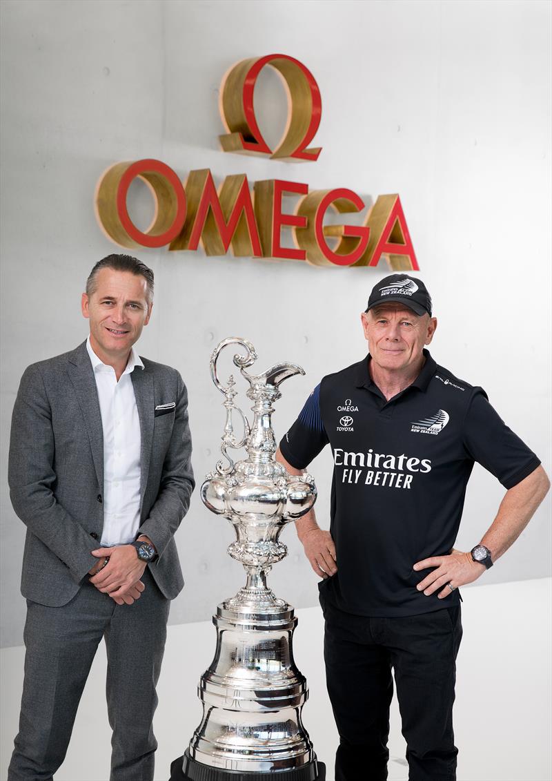 Emirates Team NZ head Grant Dalton with Omega CEO Raynald Aeschlimann photo copyright Omega taken at  and featuring the AC75 class