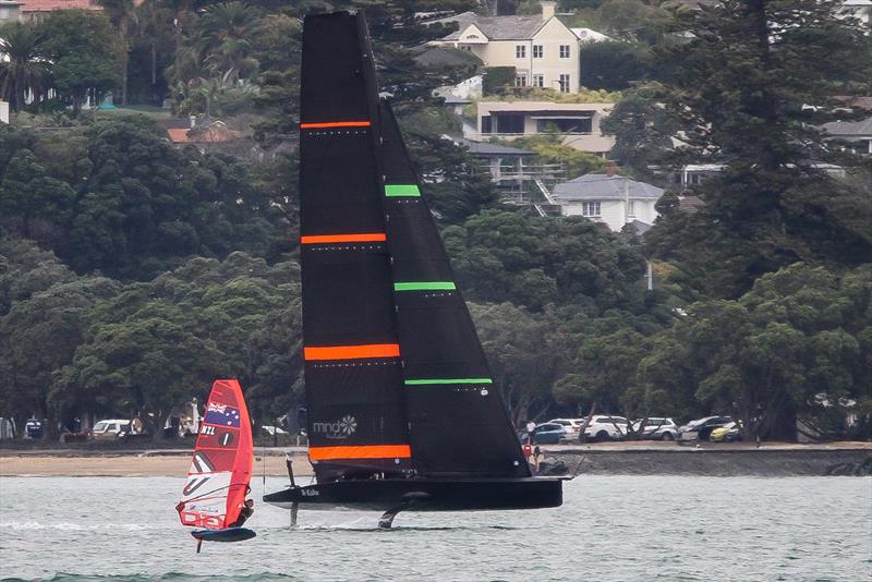 Emirates Team NZ's races a windfoiler on the Waitemata harbour, March 2020 photo copyright Richard Gladwell / Sail-World.com taken at Royal New Zealand Yacht Squadron and featuring the AC75 class