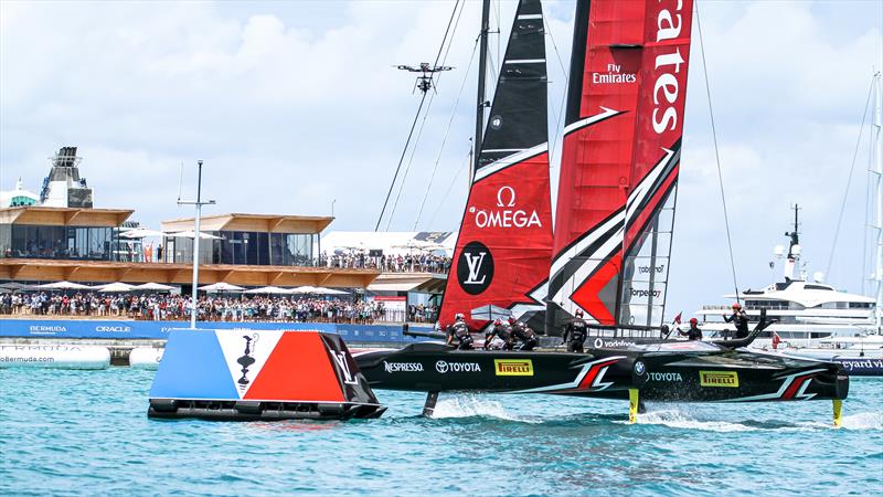 The celebrations begin as Emirates Team NZ crosses the finish off the America's Cup Village, Bermuda, June 26, 2017 photo copyright Richard Gladwell / Sail-World.com taken at Royal New Zealand Yacht Squadron and featuring the AC75 class