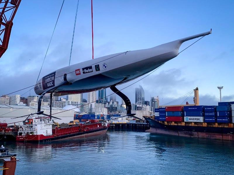 Defiant is lowered into Auckland waters for the first time photo copyright American Magic taken at  and featuring the AC75 class