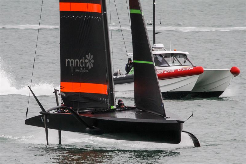 Emirates Team NZ's test boat Te Kahu ends her run at the end of the day's test sailing - July 21, 2020 - Waitemata Harbour photo copyright Richard Gladwell / Sail-World.com taken at Royal New Zealand Yacht Squadron and featuring the AC75 class
