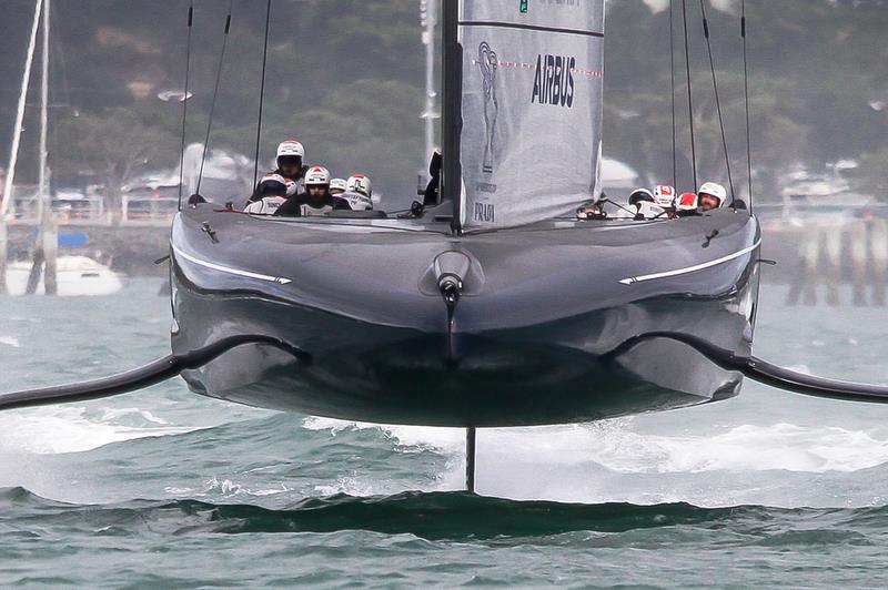 The flat underbody of the scow genre in the AC75 contrasts with the V sections of the skiffs - photo © Richard Gladwell / Sail-World.com