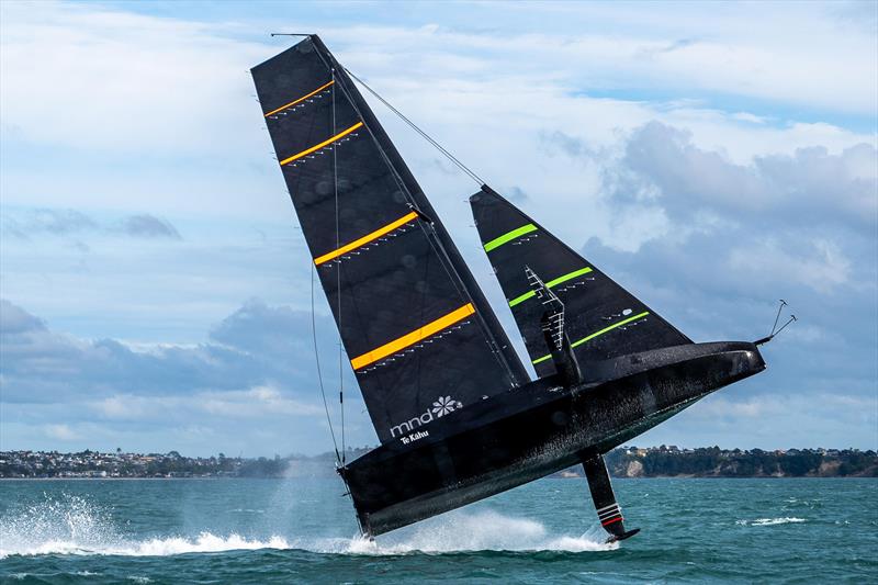 Emirates Team NZ's test boat Te Kahu performs a `sky leap` completely clearing the water. The phenomenon seems to be an unintended feature of foiling monohulls. Te Kahu - Hauraki Gulf - America's Cup 36 - photo © Emirates Team New Zealand