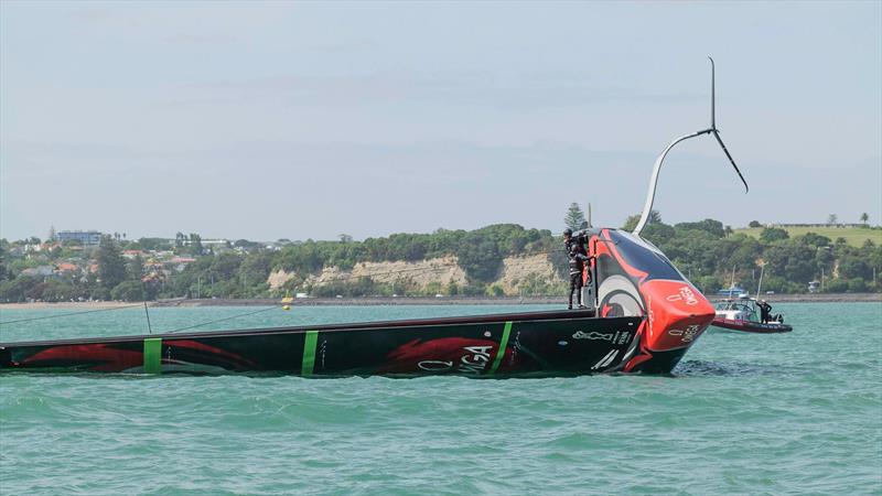 While the Capsize of Te Aihe in December 2019 was unexpected, however the AC75 came to rest in an easy recovery position and was righted with the assistance of a chase boat in less than five minutes, and continued with a three hour training session. - photo © Emirates Team New Zealand