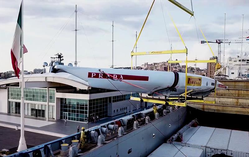 Luna Rossa Prada Pirelli's AC75 is loaded aboard a cargo ship, along with support boats - September 9, 2020 - Cagliari  photo copyright Luna Rossa Prada Pirelli Media taken at Circolo della Vela Sicilia and featuring the AC75 class