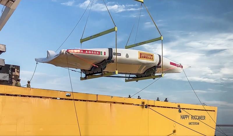 Luna Rossa Prada Pirelli's AC75 is loaded aboard a cargo ship, along with support boats - September 9, 2020 - Cagliari  photo copyright Luna Rossa Prada Pirelli Media taken at Circolo della Vela Sicilia and featuring the AC75 class