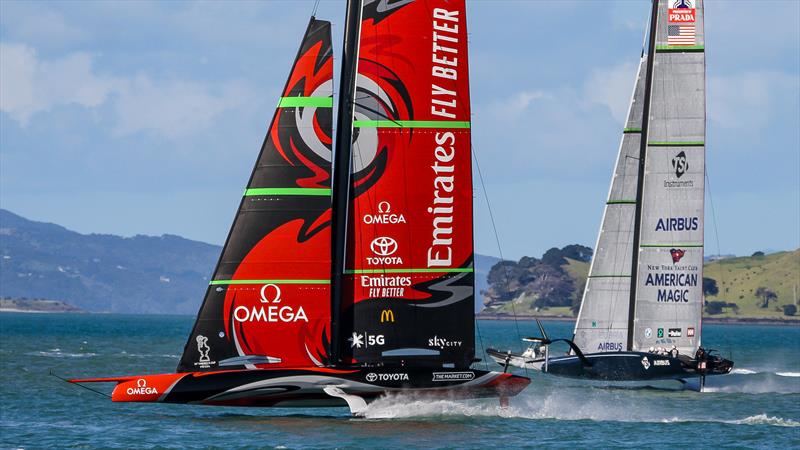 American Magic crosses Emirates Team NZ - Waitemata Harbour - September 21,2020 - 36th America's Cup photo copyright Richard Gladwell / Sail-World.com taken at Royal New Zealand Yacht Squadron and featuring the AC75 class