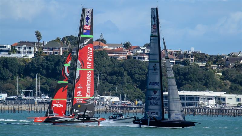 Emirates Team New Zealand and American Magic - Stadium Course - Waitemata Harbour - September 21, 2020 photo copyright Richard Gladwell / Sail-World.com taken at Royal New Zealand Yacht Squadron and featuring the AC75 class