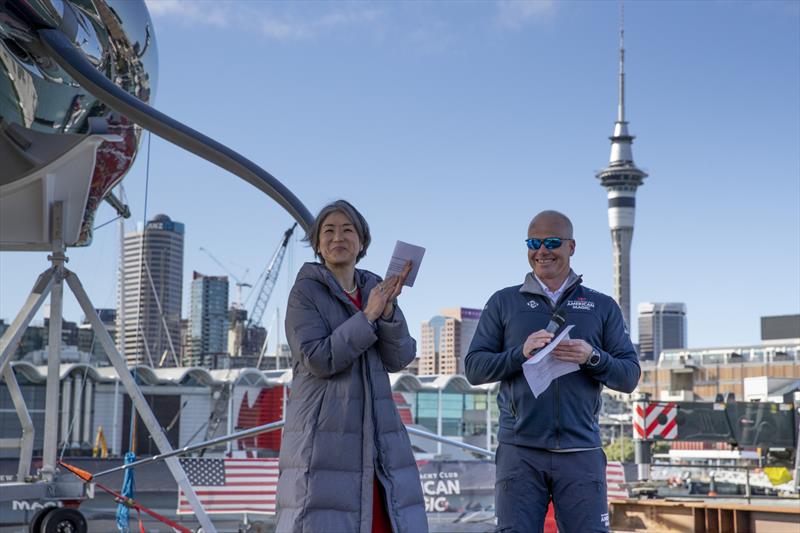 Katelyn Choe, Consul General US Consulate Auckland, with American Magic's Terry Hutchinson - American Magic's AC75 Patriot in Auckland photo copyright Will Ricketson/American Magic taken at New York Yacht Club and featuring the AC75 class