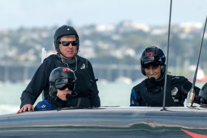 Rob Salthouse (upper left) onboard Emirates Team New Zealand's AC75 with Peter Burling (lower left) and Blair Tuke (right) photo copyright Hamish Hooper / ETNZ taken at Royal New Zealand Yacht Squadron and featuring the AC75 class