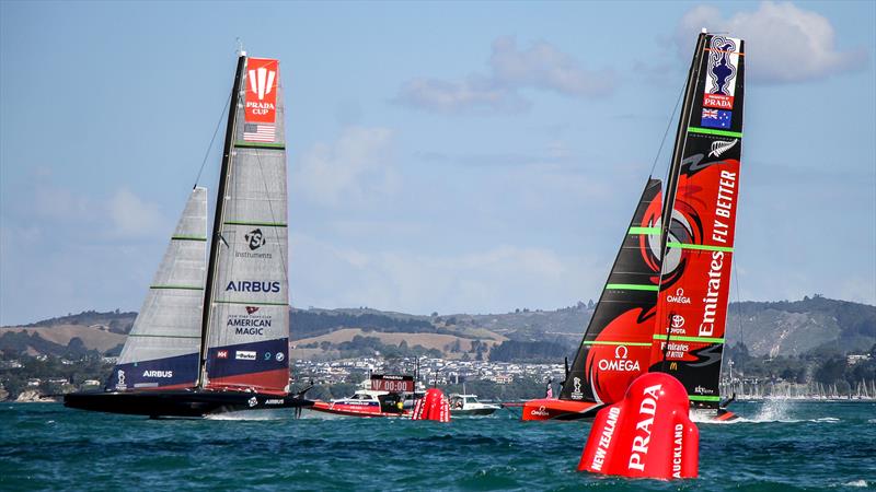 Emirates Team NZ and American Magic - January 12, 2021 - Practice Racing - Waitemata Harbour - Auckland - 36th America's Cup photo copyright Richard Gladwell / Sail-World.com taken at Royal New Zealand Yacht Squadron and featuring the AC75 class