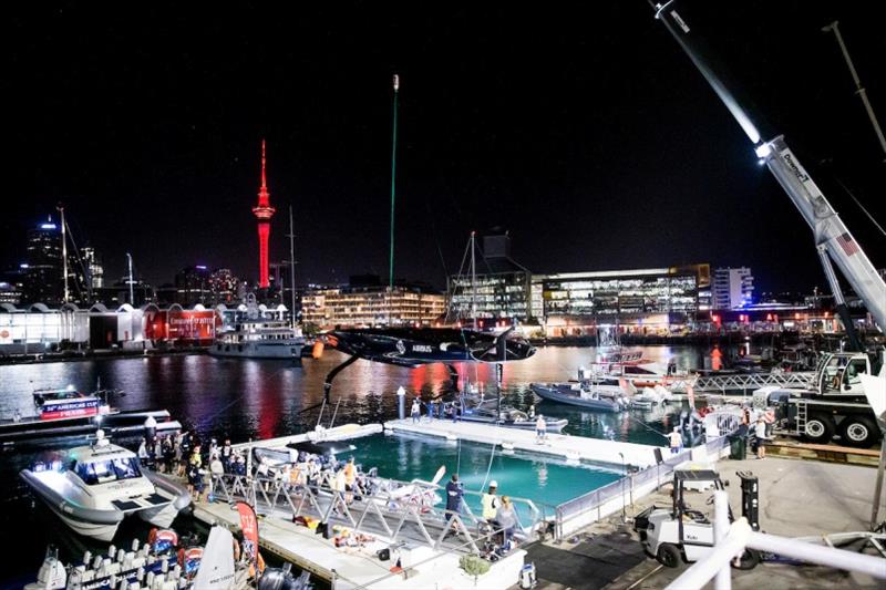 PATRIOT finally returns to shore and is lifted carefully out of the water at the American Magic Team Base photo copyright Sailing Energy / American Magic taken at  and featuring the AC75 class