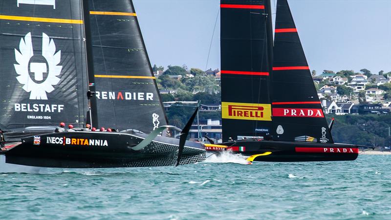 INEOS Team UK and Prada on the first leg - Waitemata Harbour - January 23, 2021 - 36th America's Cup photo copyright Richard Gladwell / Sail-World.com taken at Royal New Zealand Yacht Squadron and featuring the AC75 class