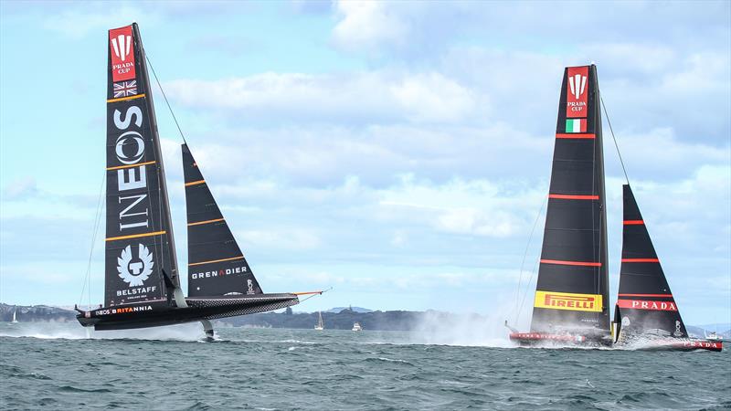 INEOS Team UK and Prada in the Prestart - Waitemata Harbour - January 23, 2021- 36th America's Cup photo copyright Richard Gladwell / Sail-World.com taken at Royal New Zealand Yacht Squadron and featuring the AC75 class