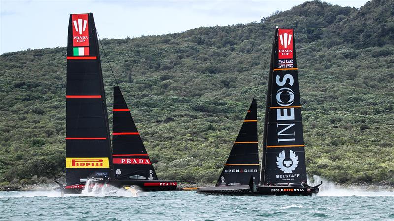 INEOS Team Uk and Prada go bow to bow in the Prestart - Waitemata Harbour - January 23, 2021 - 36th America's Cup photo copyright Richard Gladwell / Sail-World.com taken at Royal New Zealand Yacht Squadron and featuring the AC75 class