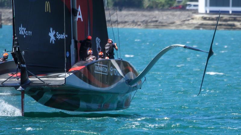 Starboard foil rear view -  Emirates Team New Zealand - January 25, 2021 - Waitemata Harbour - America's Cup 36 photo copyright Richard Gladwell / Sail-World.com taken at Royal New Zealand Yacht Squadron and featuring the AC75 class